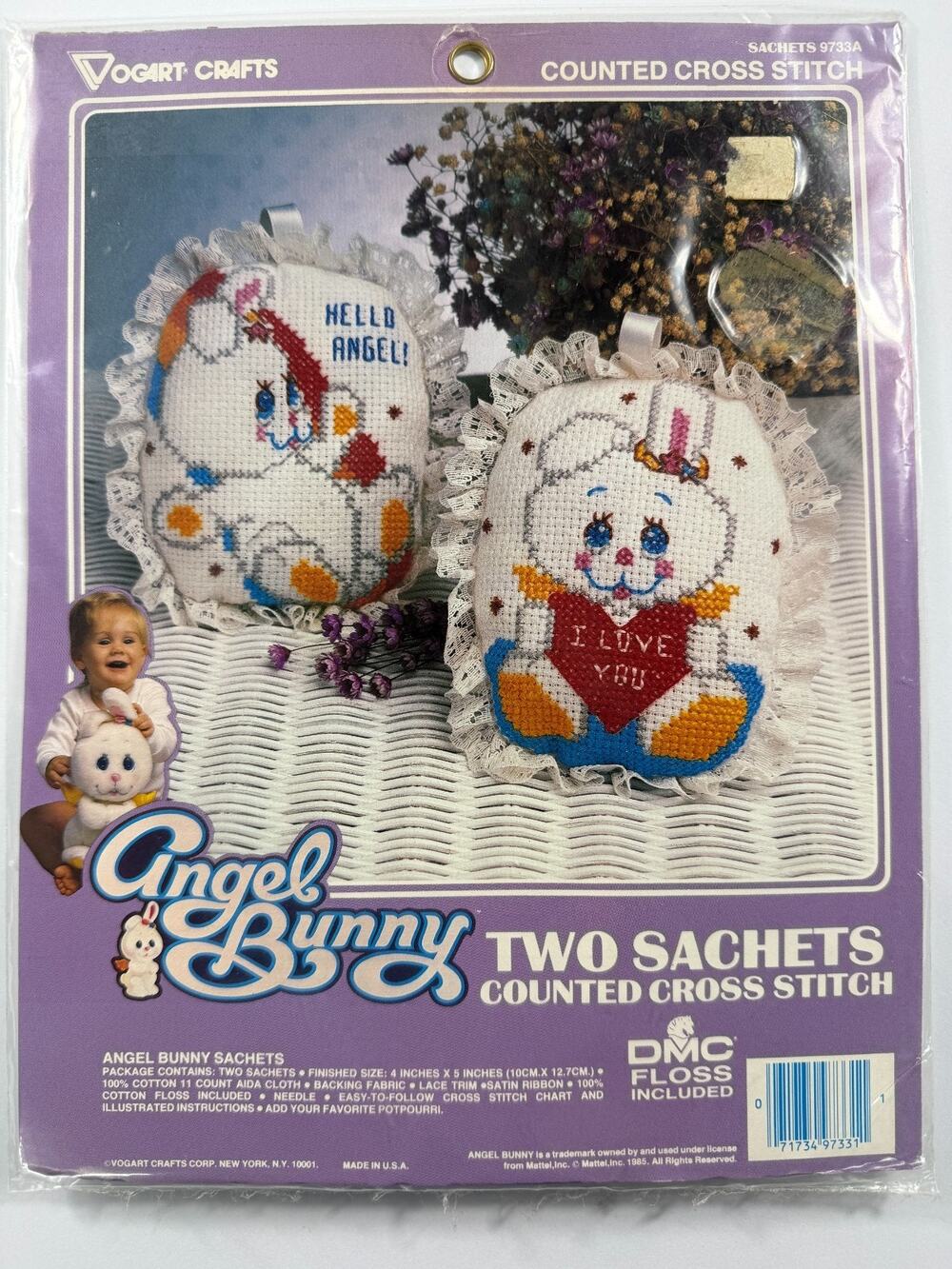 Vintage 1985 Vogart Crafts Angel Bunny Two Sachets Counted Cross Stitch Kit 9733